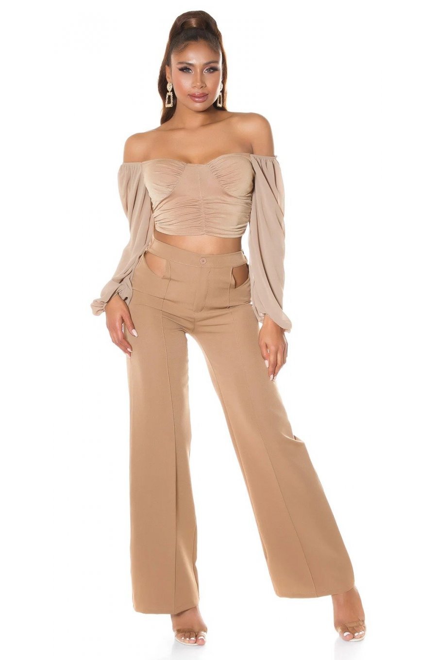 Pantaloni dama evazati cappuccino decupati Daany 6 - jojofashion.ro