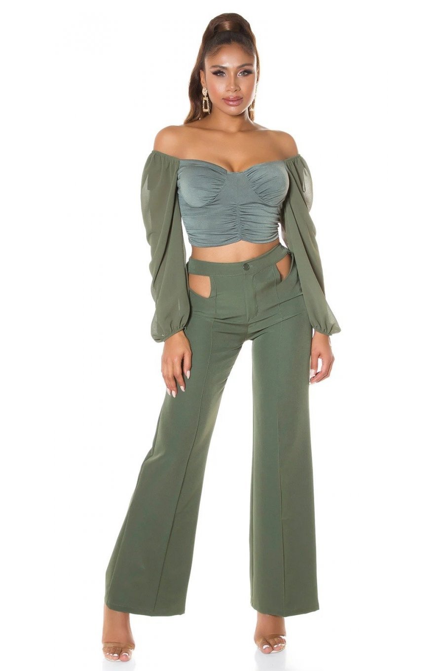 Pantaloni dama evazati kaki decupati Daany Pantaloni dama evazati kaki decupati Daany 4 - jojofashion.ro