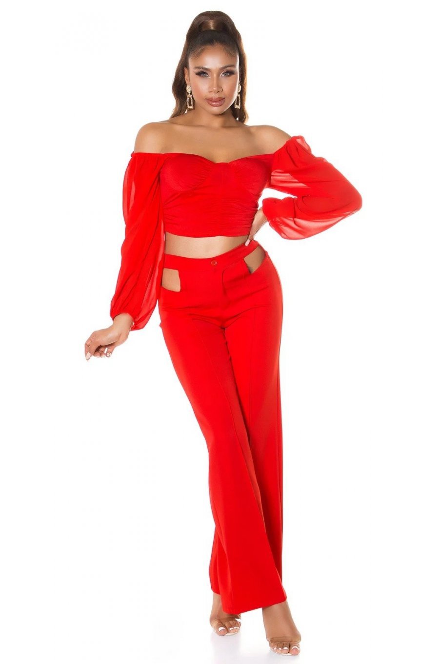 Pantaloni dama evazati rosii decupati Daany Pantaloni dama evazati rosii decupati Daany 4 - jojofashion.ro