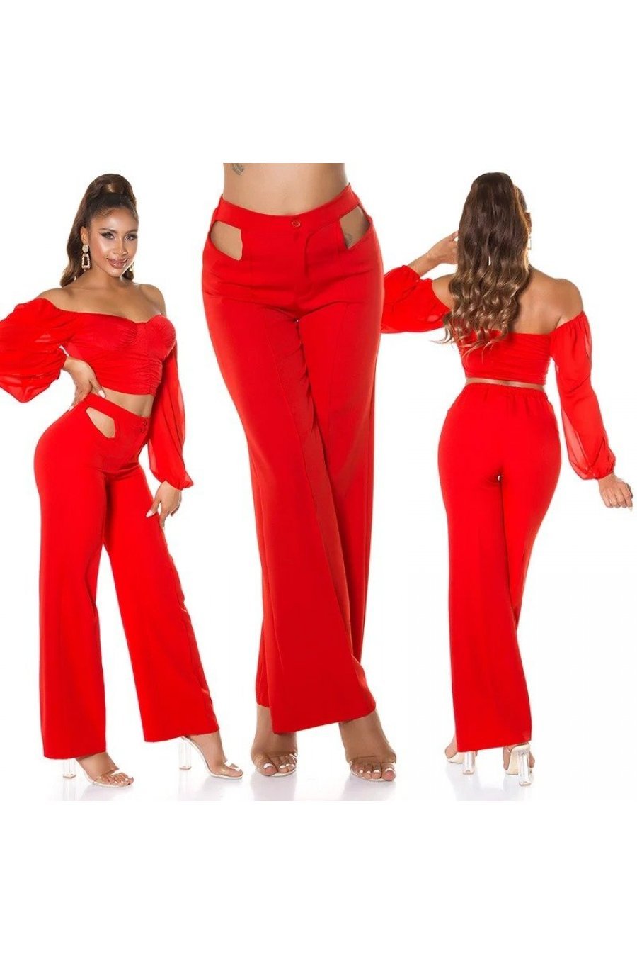 Pantaloni dama evazati rosii decupati Daany Pantaloni dama evazati rosii decupati Daany 5 - jojofashion.ro