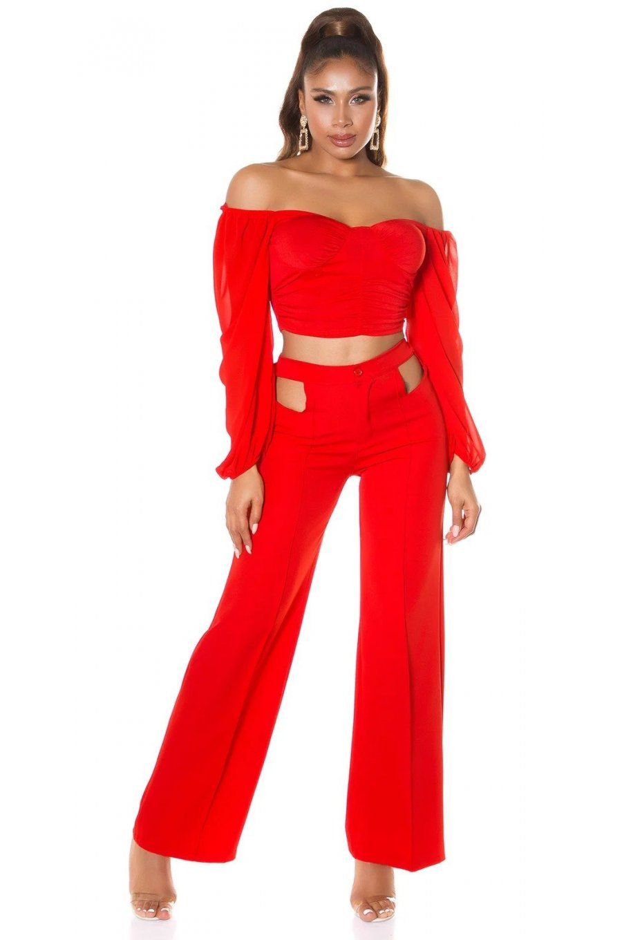 Pantaloni dama evazati rosii decupati Daany Pantaloni dama evazati rosii decupati Daany 6 - jojofashion.ro
