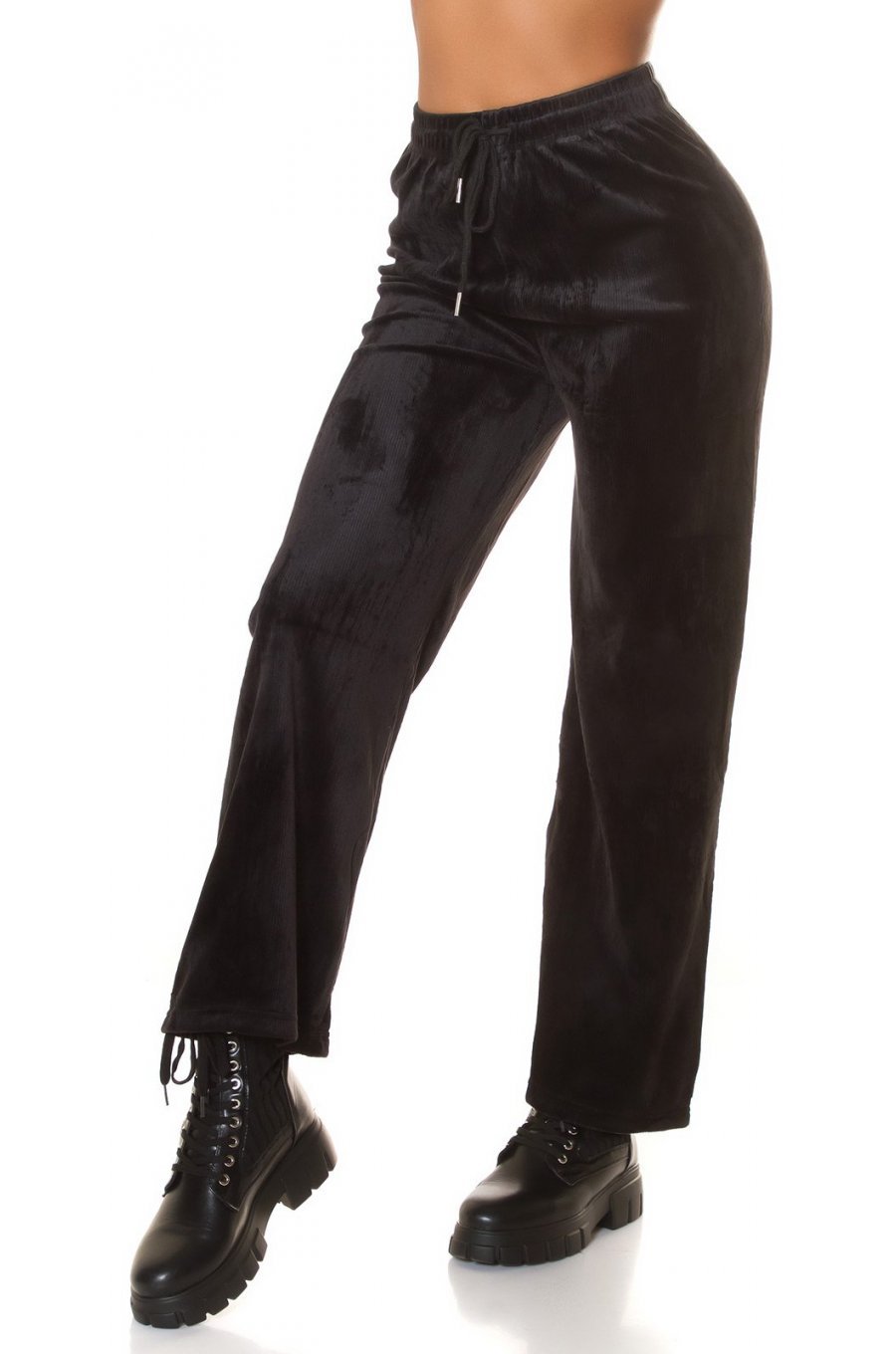 Pantaloni dama evazati, din catifea, negri, cu talia inalta, Kymber 1 - jojofashion.ro