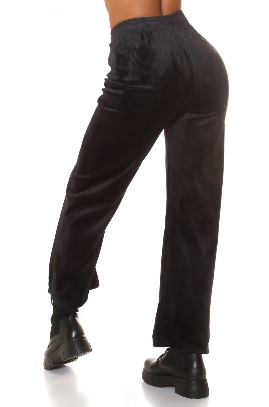 Pantaloni dama evazati, din catifea, negri, cu talia inalta, Kymber 2 - jojofashion.ro