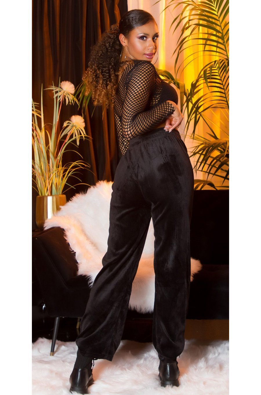 Pantaloni dama evazati, din catifea, negri, cu talia inalta, Kymber 5 - jojofashion.ro