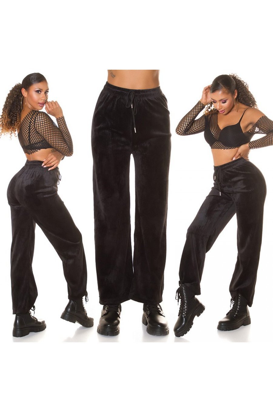 Pantaloni dama evazati, din catifea, negri, cu talia inalta, Kymber 10 - jojofashion.ro