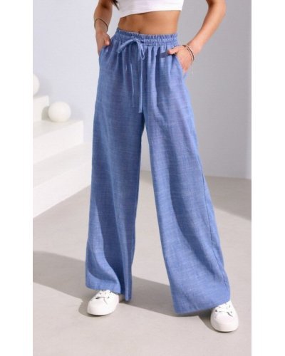 Pantaloni dama, Pantaloni dama evazati, din in, bleu cu elastic in talie, Noreen - jojofashion.ro