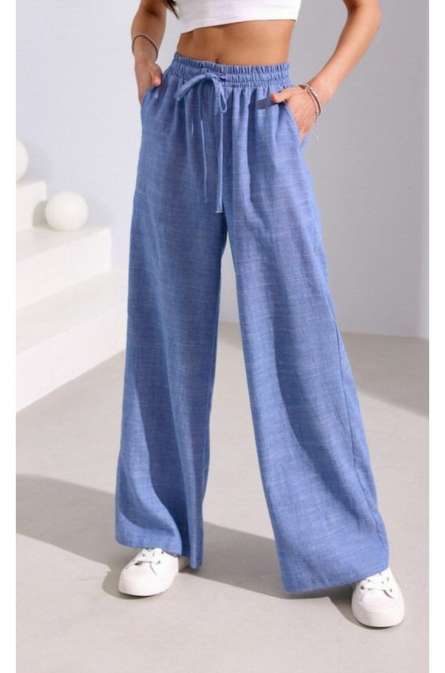 Pantaloni dama evazati, din in, bleu cu elastic in talie, Noreen 1 - jojofashion.ro
