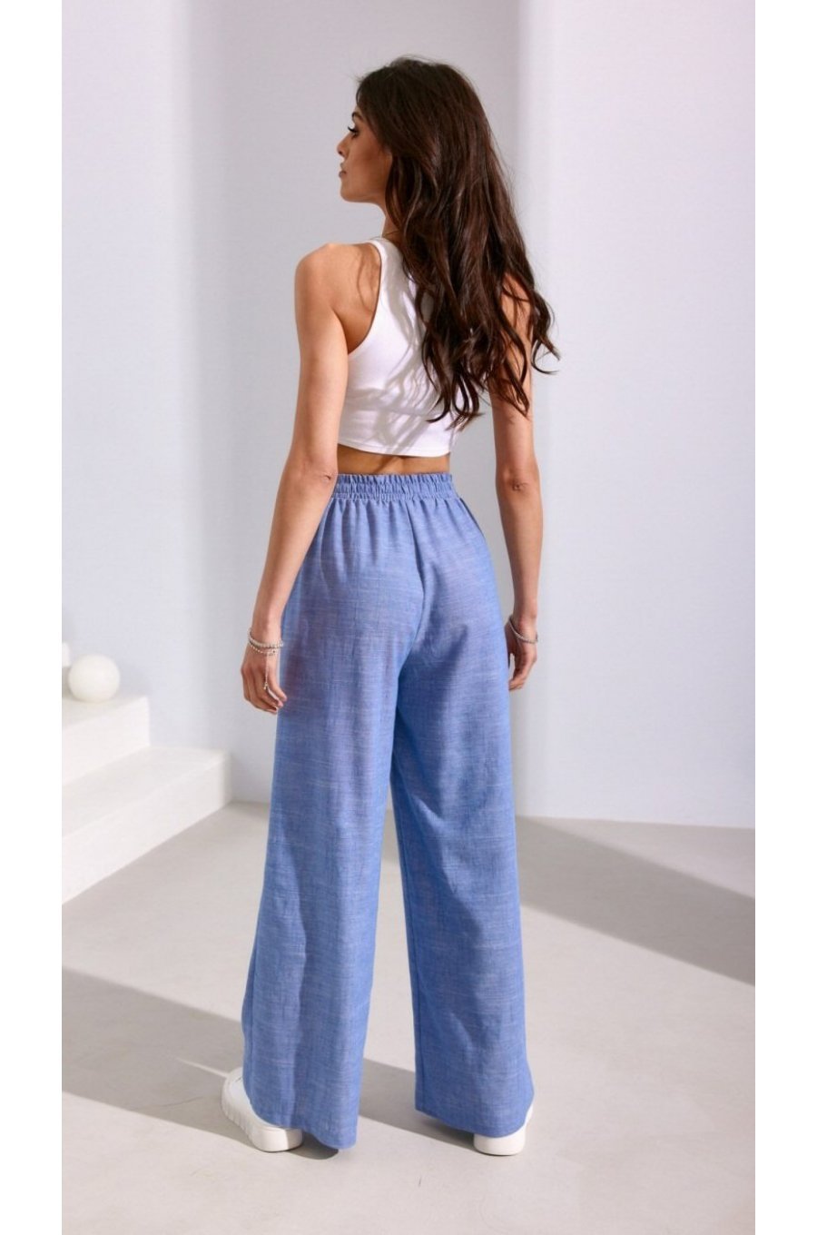 Pantaloni dama evazati, din in, bleu cu elastic in talie, Noreen 2 - jojofashion.ro
