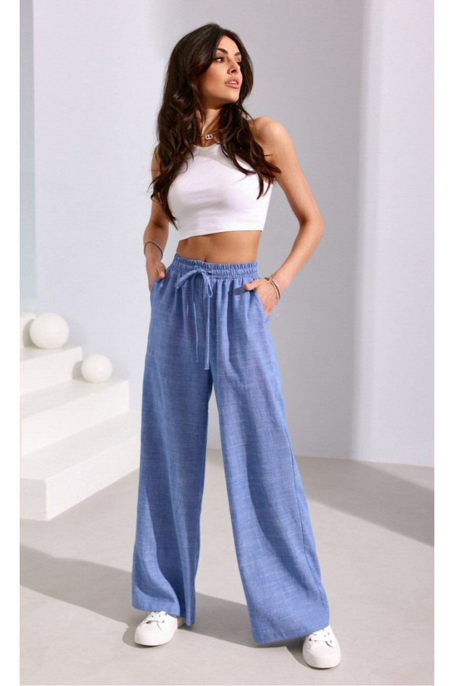 Pantaloni dama evazati, din in, bleu cu elastic in talie, Noreen 3 - jojofashion.ro