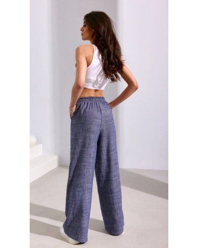 Pantaloni dama, Pantaloni dama evazati, din in, gri, cu elastic in talie, Noreen - jojofashion.ro