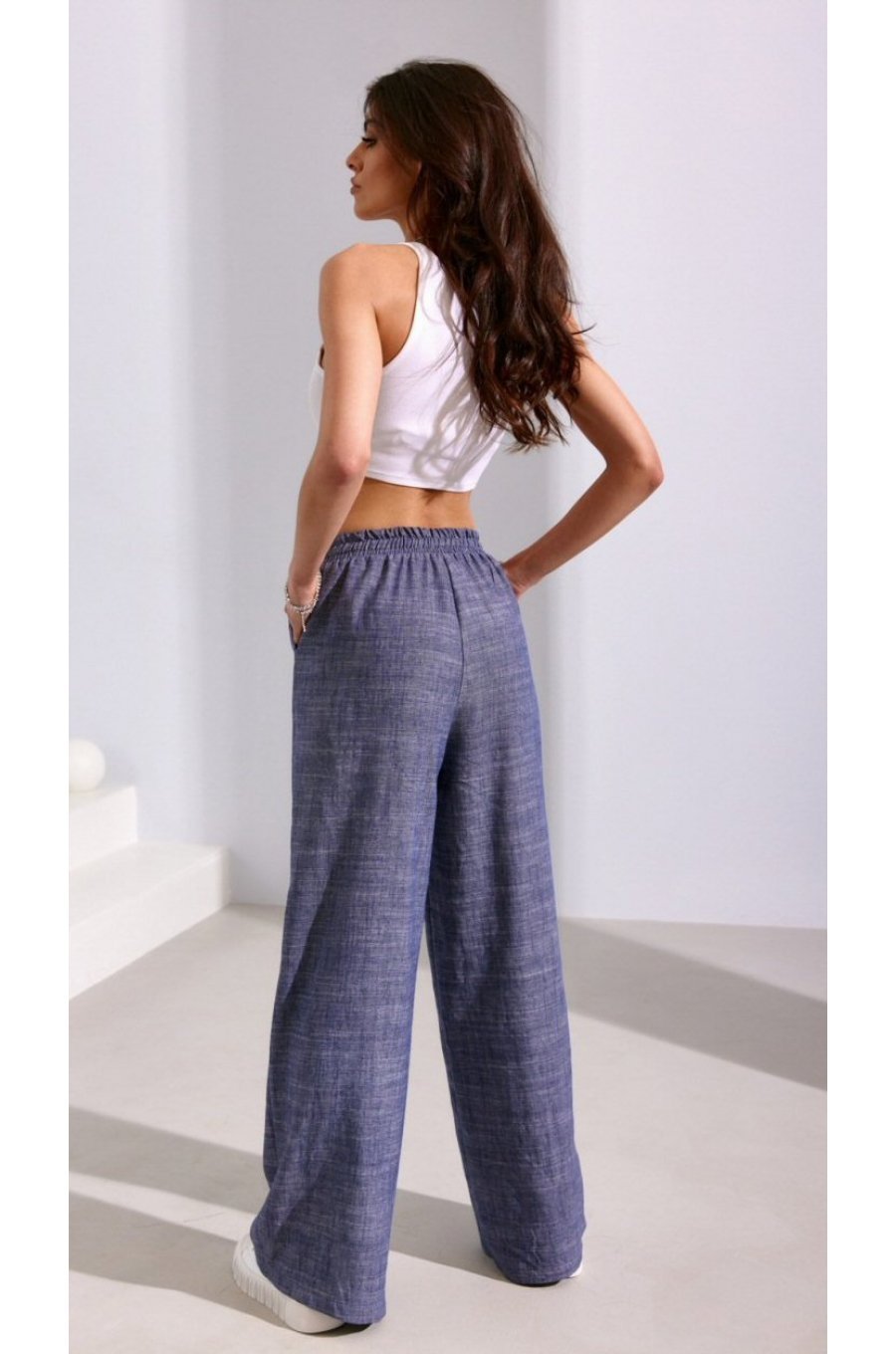 Pantaloni dama evazati, din in, gri, cu elastic in talie, Noreen 2 - jojofashion.ro