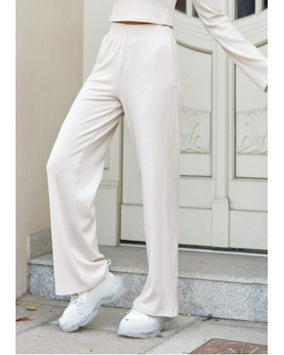 Pantaloni dama, Pantaloni dama evazati, din tricot cu nervuri, bej, Hanne - jojofashion.ro