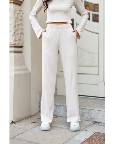 Pantaloni dama, Pantaloni dama evazati, din tricot cu nervuri, bej, Hanne - jojofashion.ro