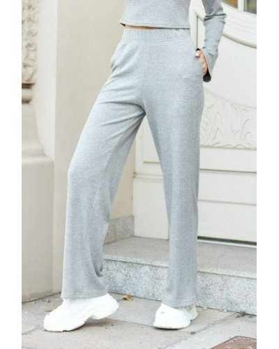 Pantaloni dama, Pantaloni dama evazati, din tricot cu nervuri, gri, Hanne - jojofashion.ro