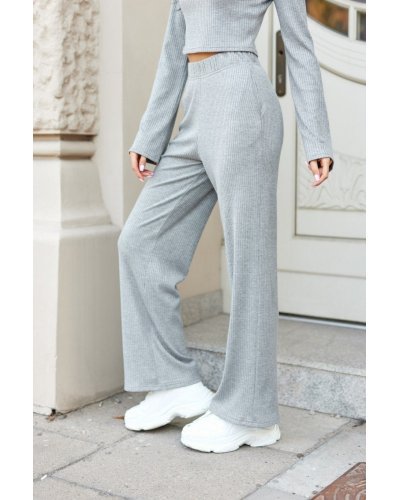 Pantaloni dama, Pantaloni dama evazati, din tricot cu nervuri, gri, Hanne - jojofashion.ro