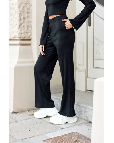 Pantaloni dama, Pantaloni dama evazati, din tricot cu nervuri, negri, Hanne - jojofashion.ro