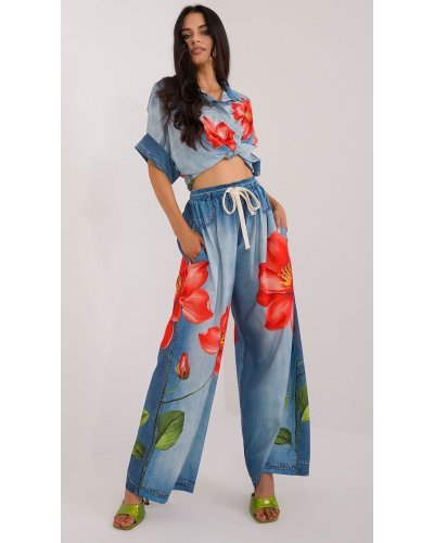 Pantaloni dama, Pantaloni dama evazati, din vascoza, bleu cu flori, vaporosi, Hestia2 - jojofashion.ro