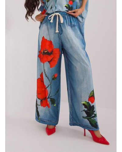 Pantaloni dama, Pantaloni dama evazati, din vascoza, bleu cu maci, vaporosi, Hestia - jojofashion.ro
