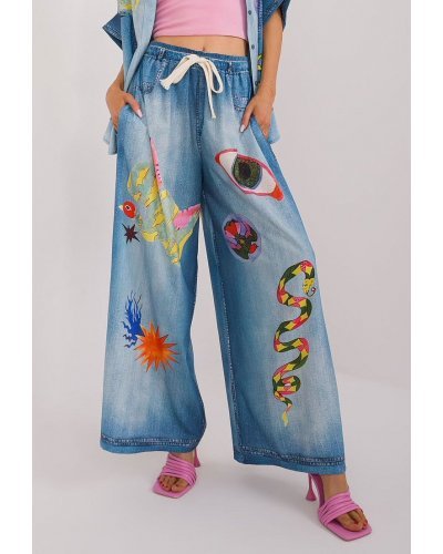 Pantaloni dama, Pantaloni dama evazati, din vascoza, bleu cu print multicolor, vaporosi, Hestia1 - jojofashion.ro