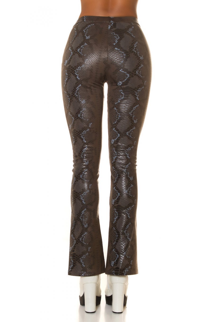 Pantaloni dama evazati, kaki, piele eco, animal print snake, Zenka 2 - jojofashion.ro
