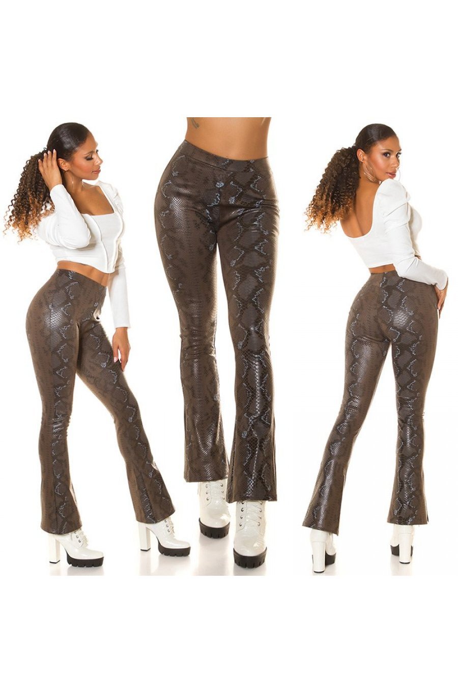 Pantaloni dama evazati, kaki, piele eco, animal print snake, Zenka 8 - jojofashion.ro