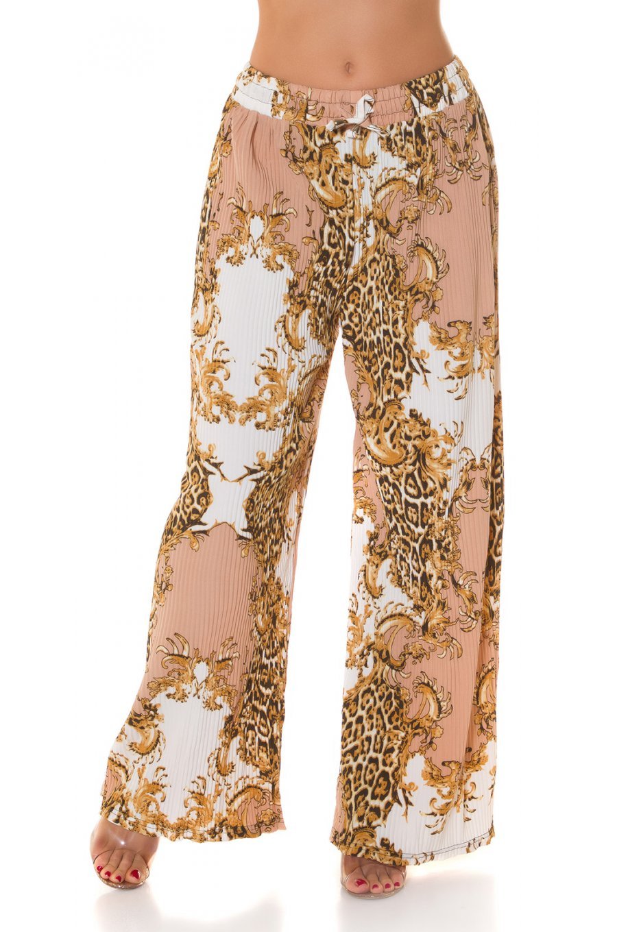 Pantaloni dama evazati largi, de vara, cappuccino, animal print, Amira 1 - jojofashion.ro