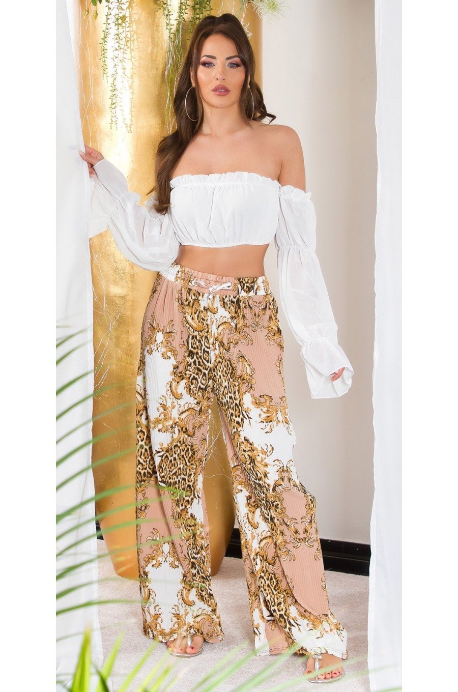 Pantaloni dama evazati largi, de vara, cappuccino, animal print, Amira 4 - jojofashion.ro