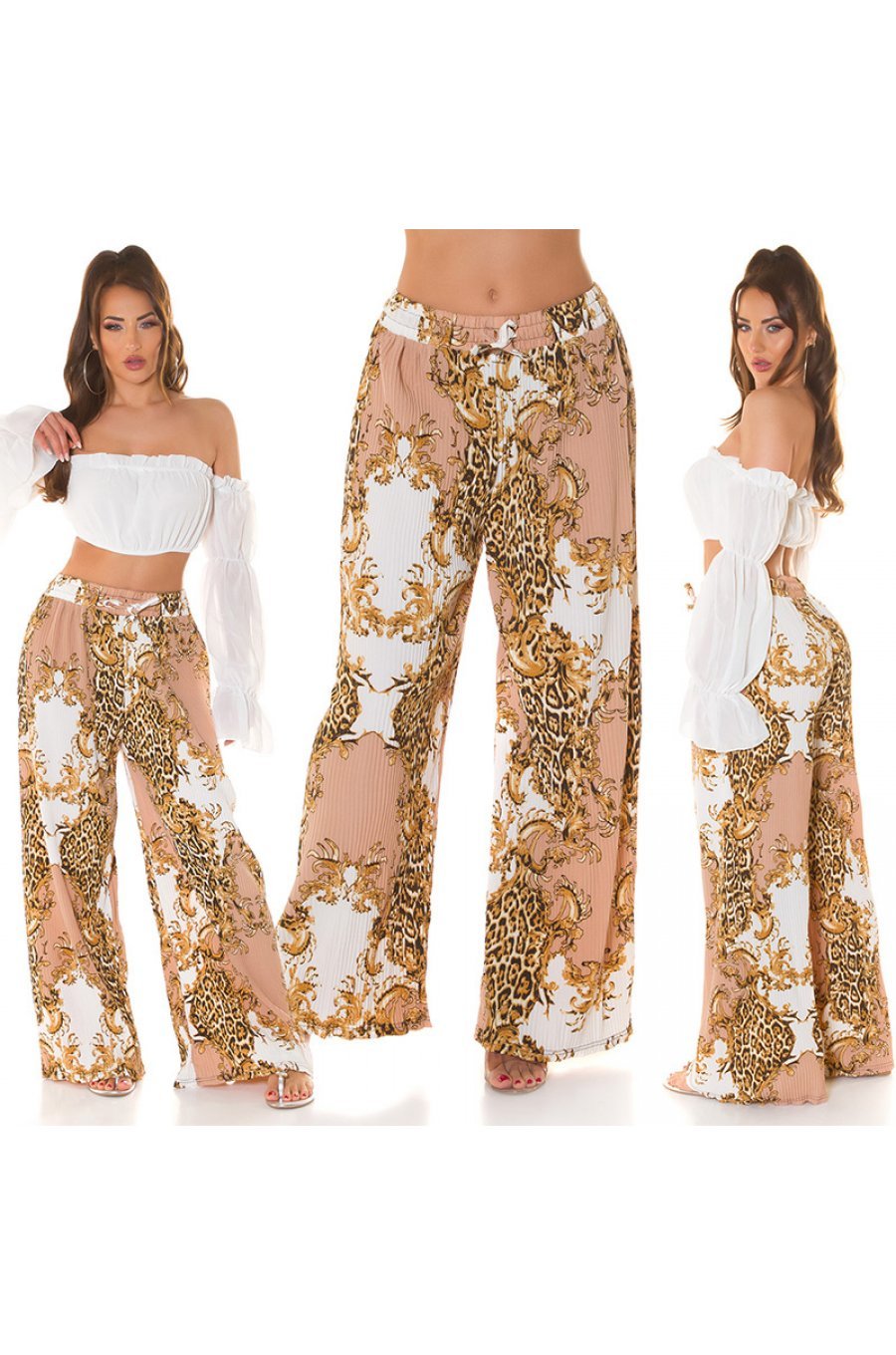 Pantaloni dama evazati largi, de vara, cappuccino, animal print, Amira 5 - jojofashion.ro