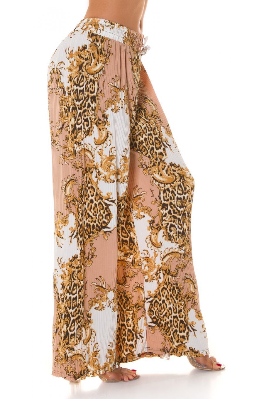 Pantaloni dama evazati largi, de vara, cappuccino, animal print, Amira 6 - jojofashion.ro