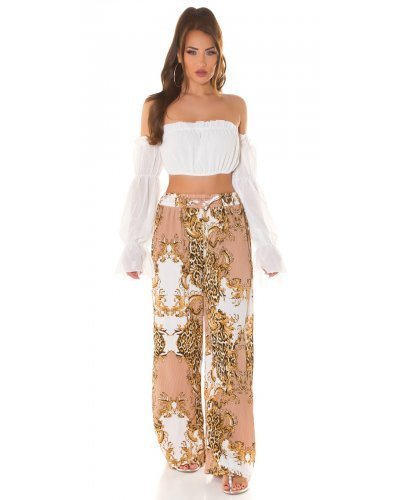 Pantaloni dama evazati largi, de vara, cappuccino, animal print, Amira - jojofashion.ro