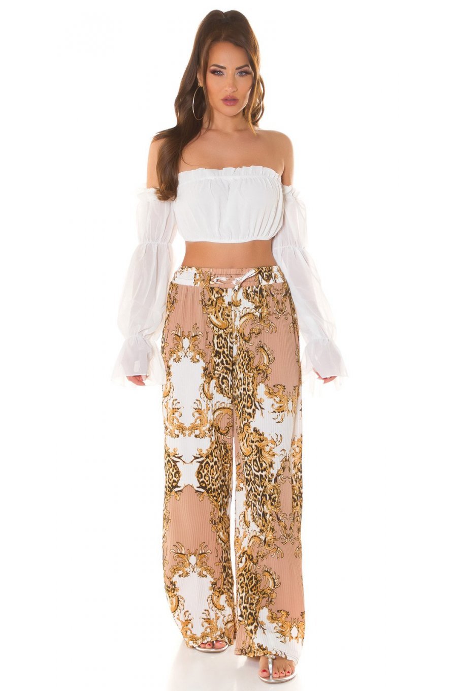 Pantaloni dama evazati largi, de vara, cappuccino, animal print, Amira 2 - jojofashion.ro