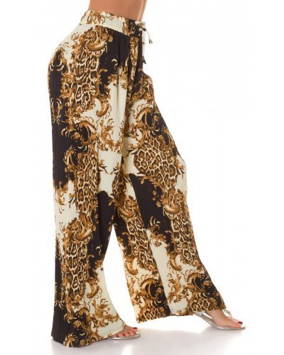 Pantaloni dama evazati largi, de vara, negri, animal print, Amira - jojofashion.ro