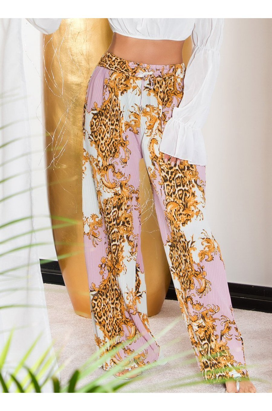 Pantaloni dama evazati largi, de vara, roz, animal print, Amira 1 - jojofashion.ro