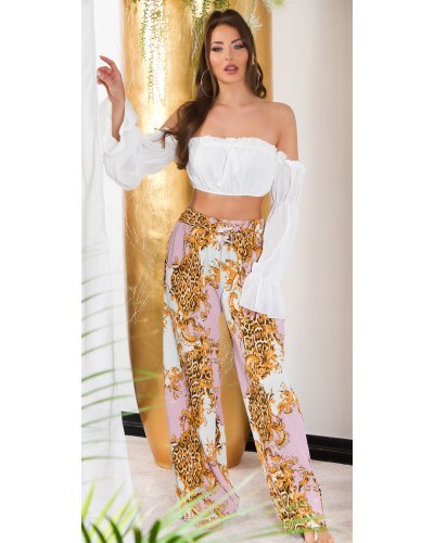 Pantaloni dama evazati largi, de vara, roz, animal print, Amira - jojofashion.ro