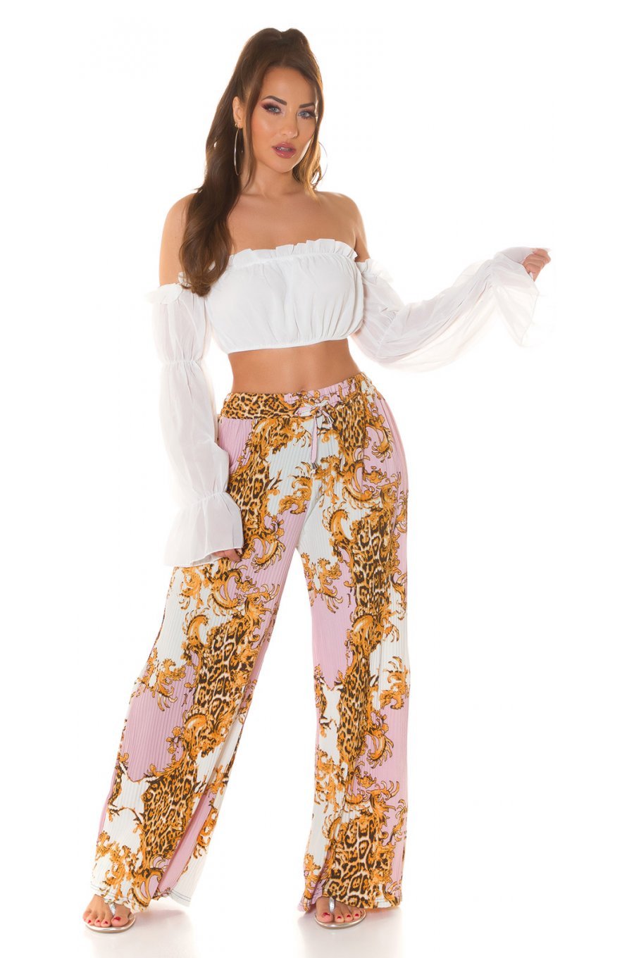 Pantaloni dama evazati largi, de vara, roz, animal print, Amira 3 - jojofashion.ro