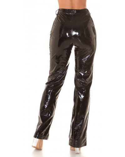 Pantaloni dama, Pantaloni dama evazati, latex, negri, cu talia inalta, Victory - jojofashion.ro