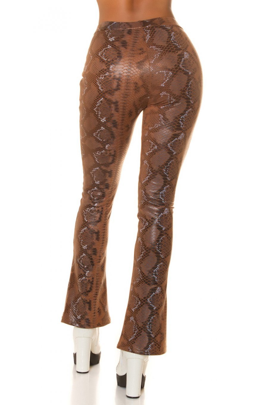 Pantaloni dama evazati, maro, piele eco, animal print snake, Zenka 2 - jojofashion.ro