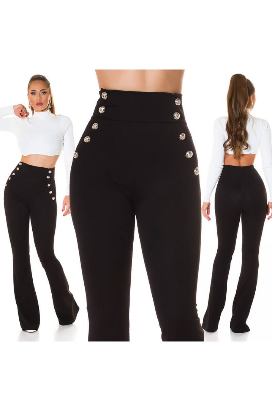 Pantaloni dama evazati negri cu nasturi aurii Arya 4 - jojofashion.ro