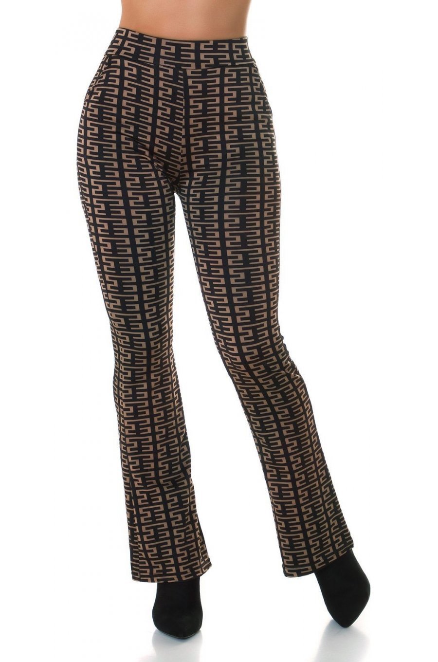 Pantaloni dama evazati, negri cu print cappuccino, Selinn Pantaloni dama evazati, negri cu print cappuccino, Selinn 1 - jojofashion.ro