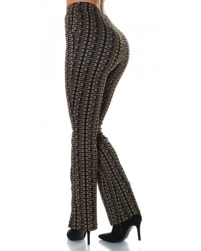 Pantaloni dama evazati, negri cu print cappuccino, Selinn - jojofashion.ro