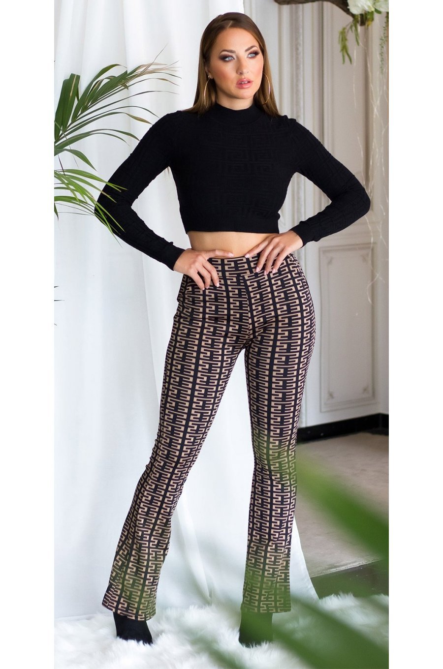 Pantaloni dama evazati, negri cu print cappuccino, Selinn Pantaloni dama evazati, negri cu print cappuccino, Selinn 3 - jojofashion.ro