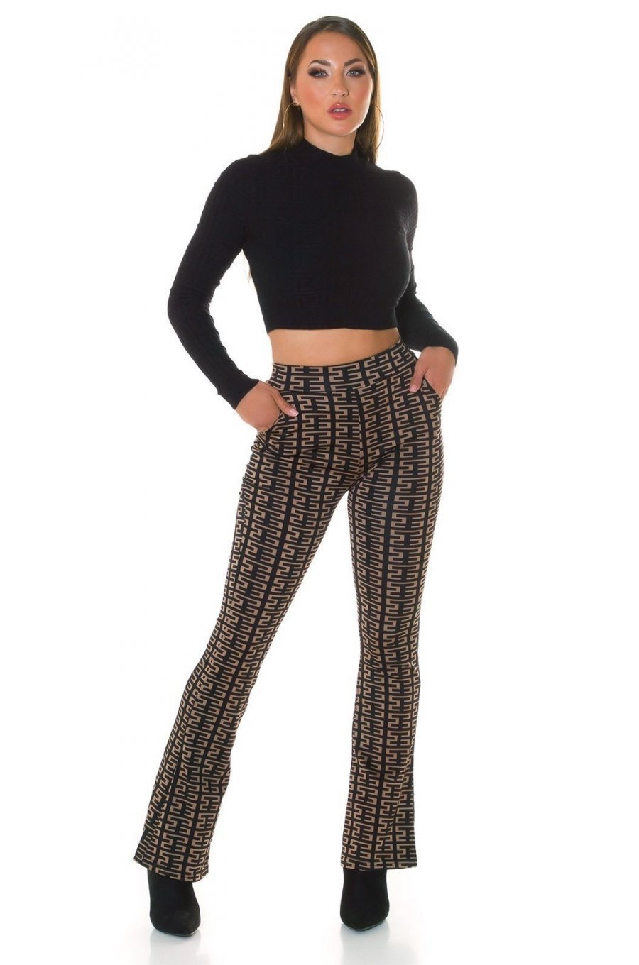 Pantaloni dama evazati, negri cu print cappuccino, Selinn Pantaloni dama evazati, negri cu print cappuccino, Selinn 5 - jojofashion.ro