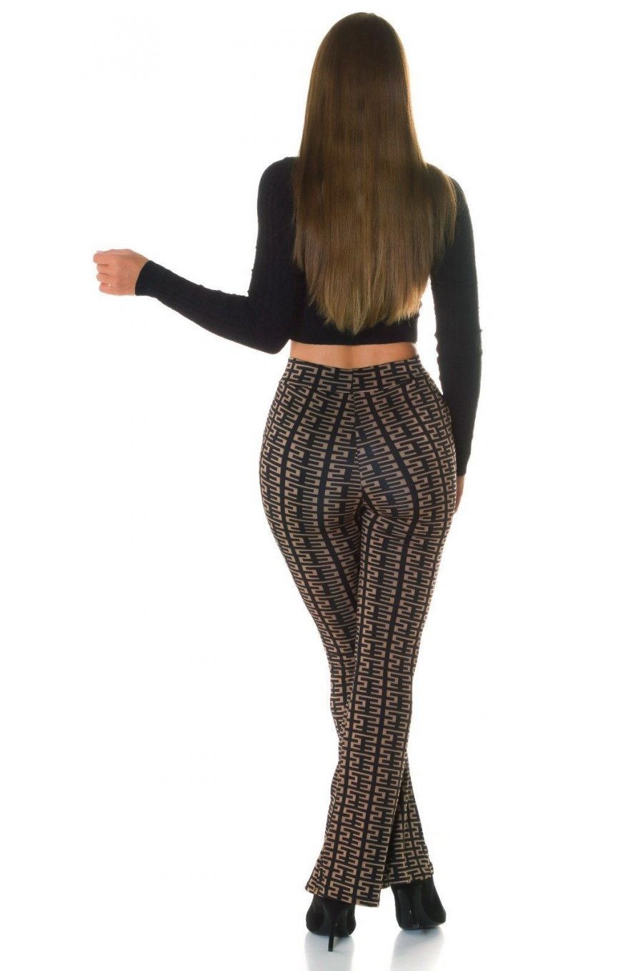 Pantaloni dama evazati, negri cu print cappuccino, Selinn Pantaloni dama evazati, negri cu print cappuccino, Selinn 7 - jojofashion.ro