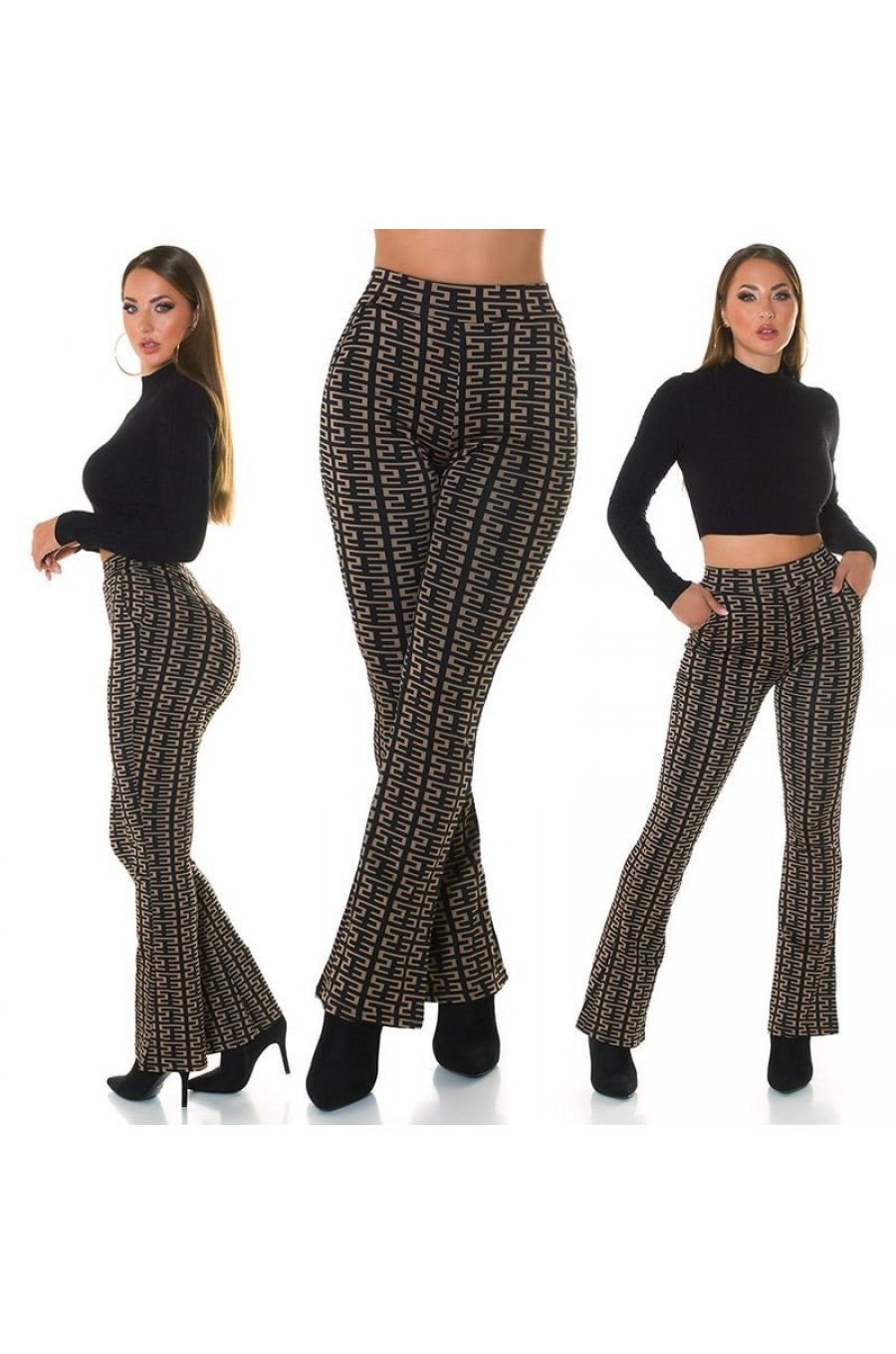 Pantaloni dama evazati, negri cu print cappuccino, Selinn Pantaloni dama evazati, negri cu print cappuccino, Selinn 8 - jojofashion.ro