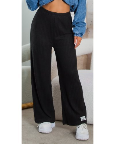 Pantaloni dama evazati, negri, cu striatii si talie inalta, Kayna - jojofashion.ro