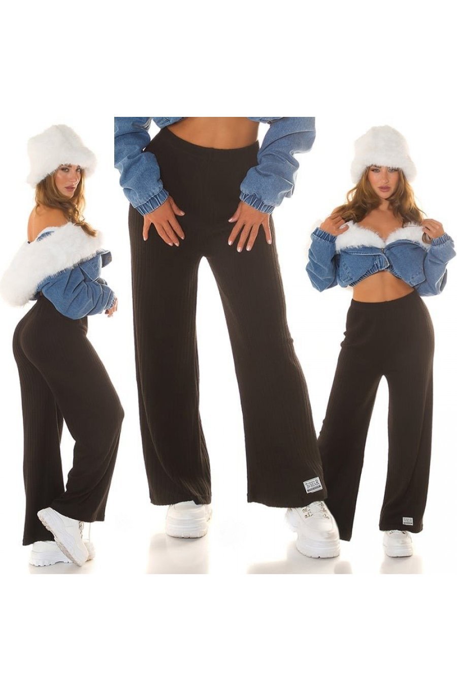 Pantaloni dama evazati, negri, cu striatii si talie inalta, Kayna Pantaloni dama evazati, negri, cu striatii si talie inalta, Kayna 5 - jojofashion.ro