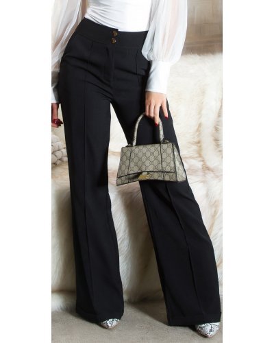 Pantaloni dama evazati, negri, cu talia inalta, Deussa - jojofashion.ro