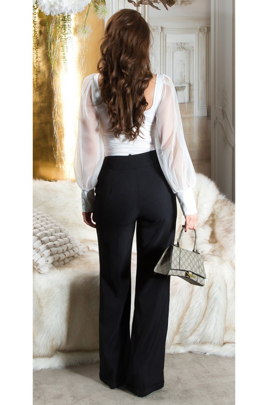 Pantaloni dama evazati, negri, cu talia inalta, Deussa Pantaloni dama evazati, negri, cu talia inalta, Deussa 4 - jojofashion.ro