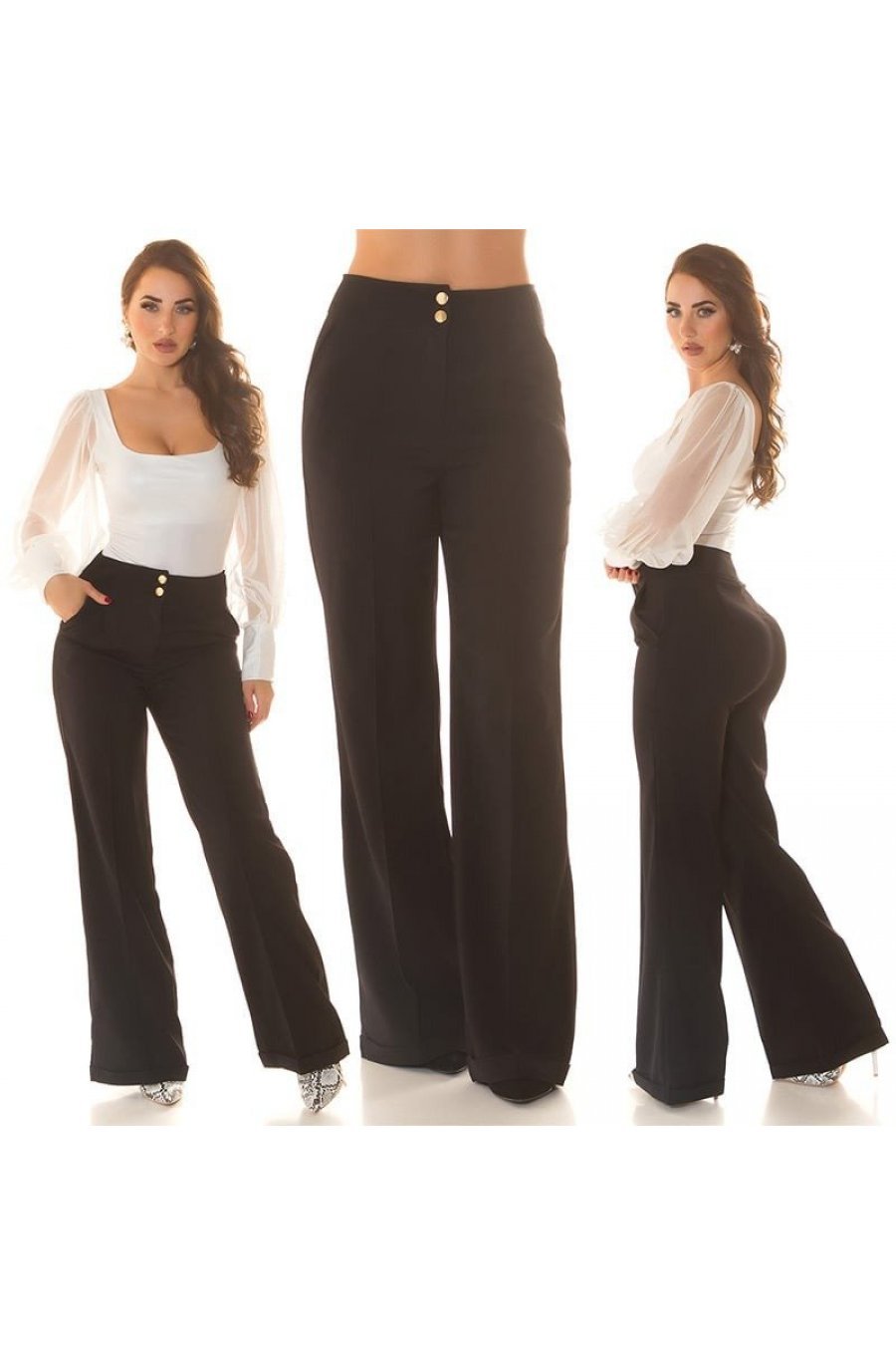 Pantaloni dama evazati, negri, cu talia inalta, Deussa 9 - jojofashion.ro