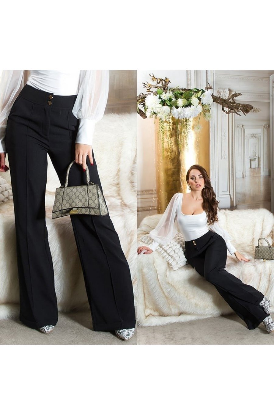 Pantaloni dama evazati, negri, cu talia inalta, Deussa Pantaloni dama evazati, negri, cu talia inalta, Deussa 8 - jojofashion.ro